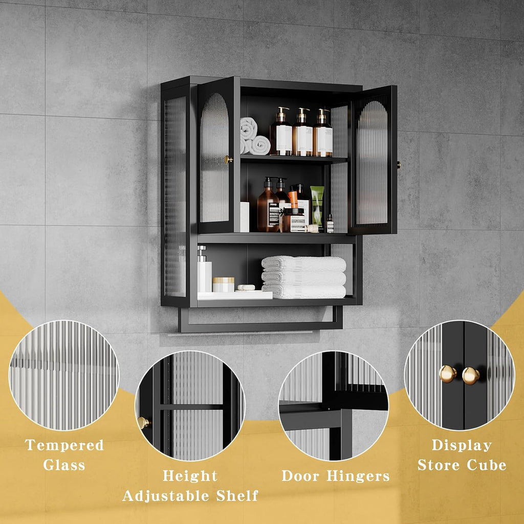 ALBAD Bathroom Cabinet Wall Mount,Metal Medicine Cabinet Wall Mounted with Glass Doors,Bathroom Wall Storage with Adjustable Shelves for Kitchen,Dining Room, Laundry