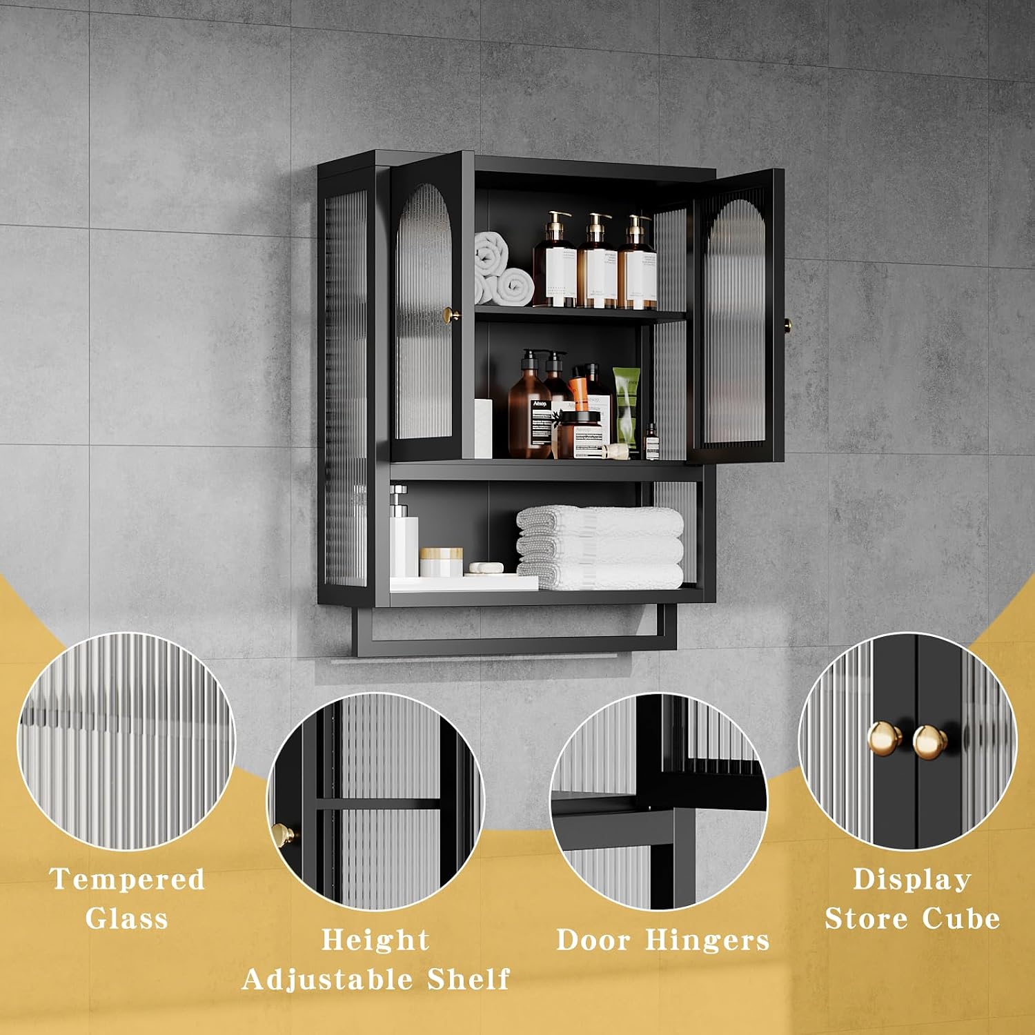 ALBAD Bathroom Cabinet Wall Mount,Metal Medicine Cabinet Wall Mounted with Glass Doors,Bathroom Wall Storage with Adjustable Shelves for Kitchen,Dining Room, Laundry
