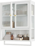 Bathroom Wall Cabinet with 2 Glass Door, Bathroom Medicine Cabinet with Towels Bar and Shelves, Over The Toilet Storage Cabinet, Metal Wall Mounted Cabinet for Kitchen (Upgraded White)