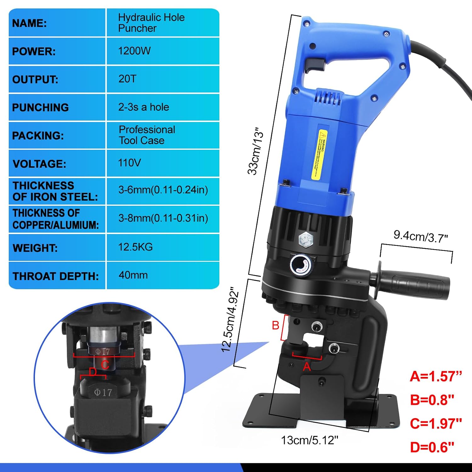 Electric Hydraulic Hole Punch for Metal,1200W Hydraulic Hole Puncher,Angle Steel Hole Punching Machine with Die Φ1/4' 3/8' 1/2' 11/16' 13/16',Hole Punch Tool for Metal Aluminum Copper Iron Steel Plate