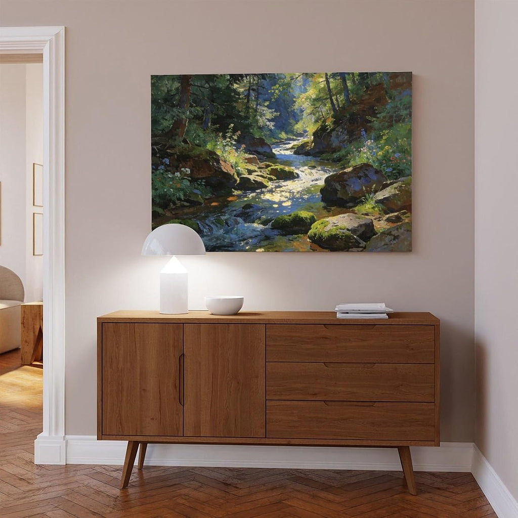 Forest Stream Wall Art Print, Sunlit Woodland Creek And Mossy Rocks Landscape Painting, Nature Poster for Living Room Bedroom Cabin Decor 24x36inch(60x90cm)