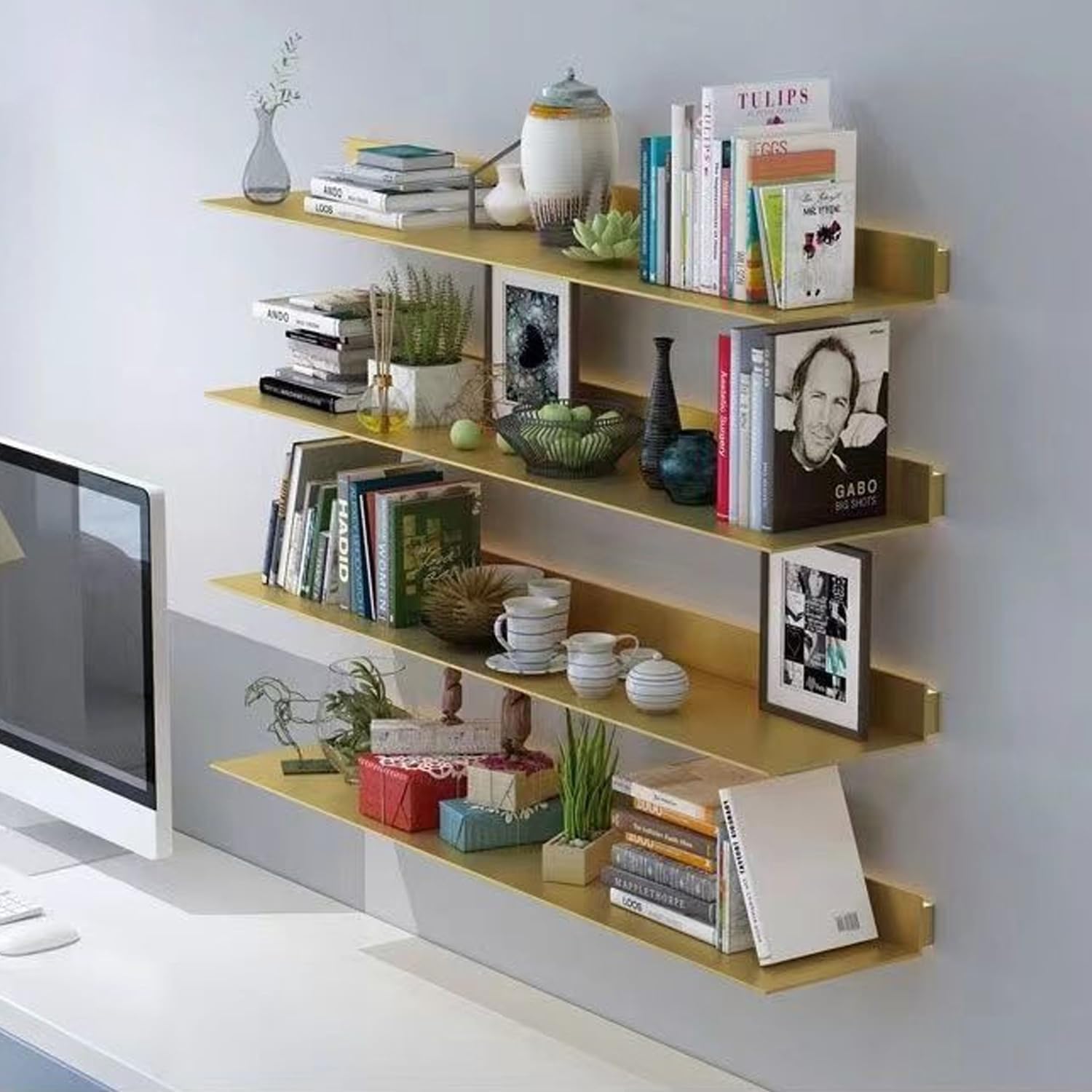 Corner Ledge Wall Shelf,Modern Wall Mounted LED Floating Shelf for Commercial Bar Living Room Bathroom Gold 23.6in