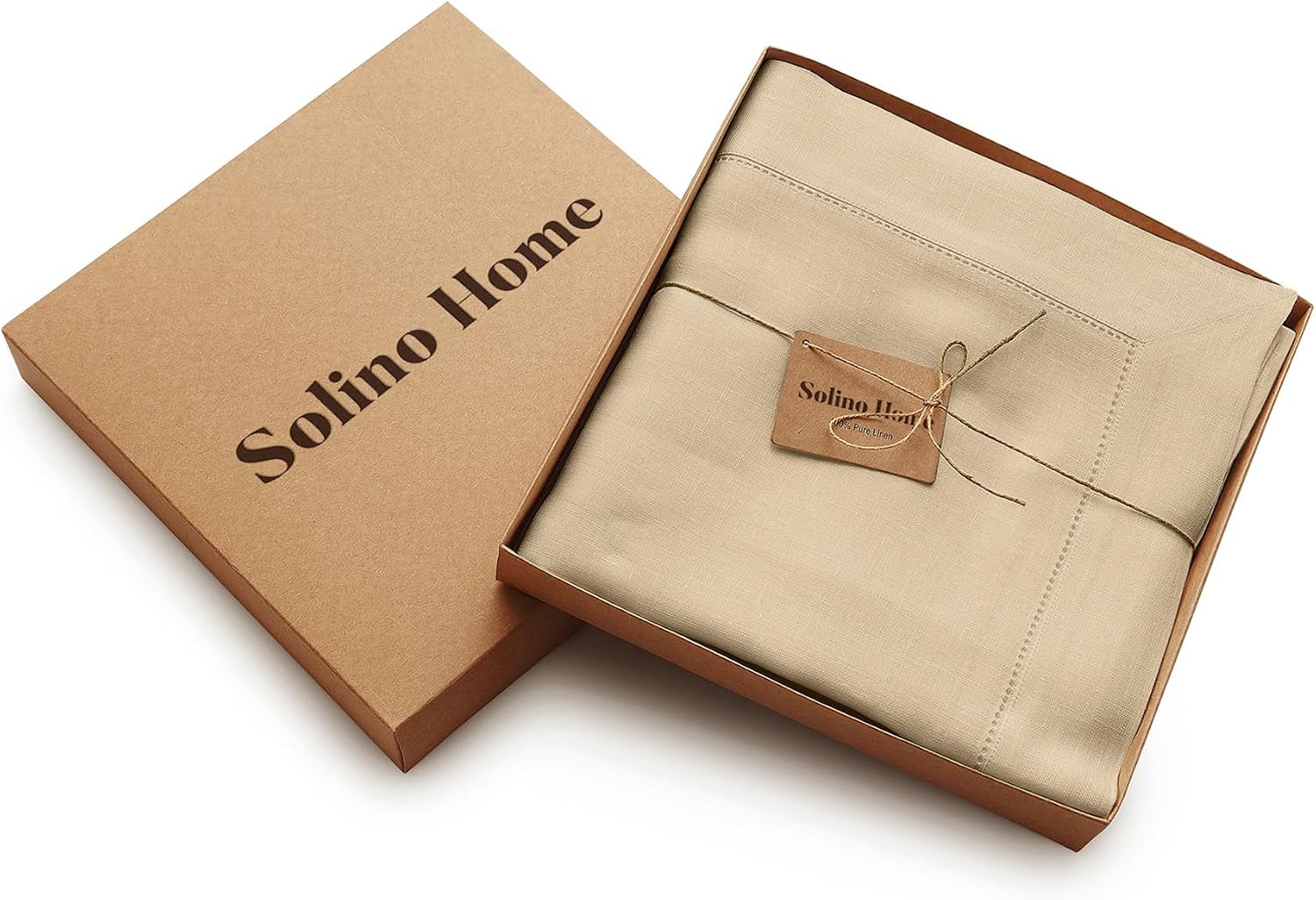 Solino Home Beige Linen Tablecloth 60 x 120 Inch - Classic Hemstitch, 100% Pure Linen Rectangular Tablecloth - Machine Washable Table Cloth for Summer