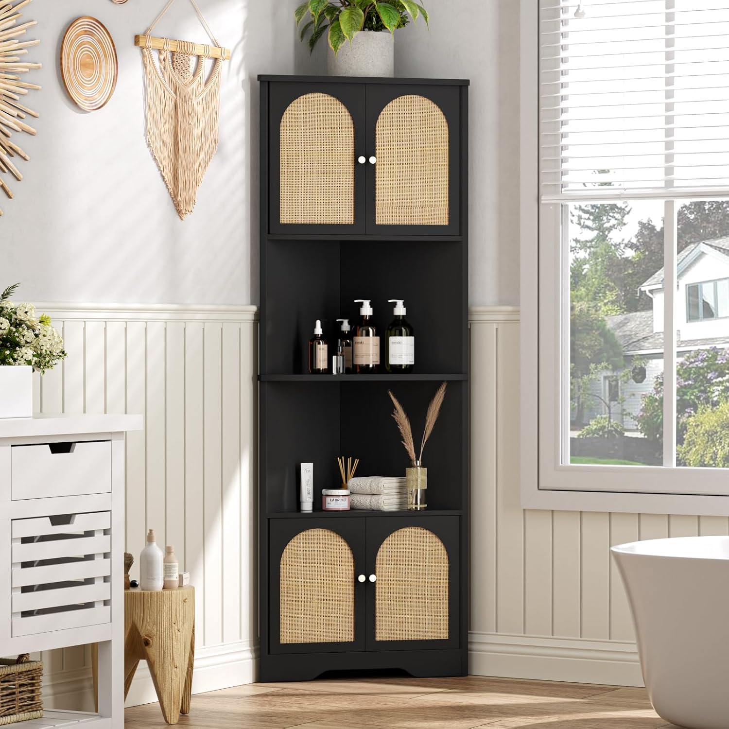 FiveWillowise 67''H Tall Corner Cabinet with Handmade Rattan Door, Rattan Storage Cabinet with Adjustable Shelves, Corner Bookshelf Space Saver for Barthroom, Kitchen, Living Room, Black