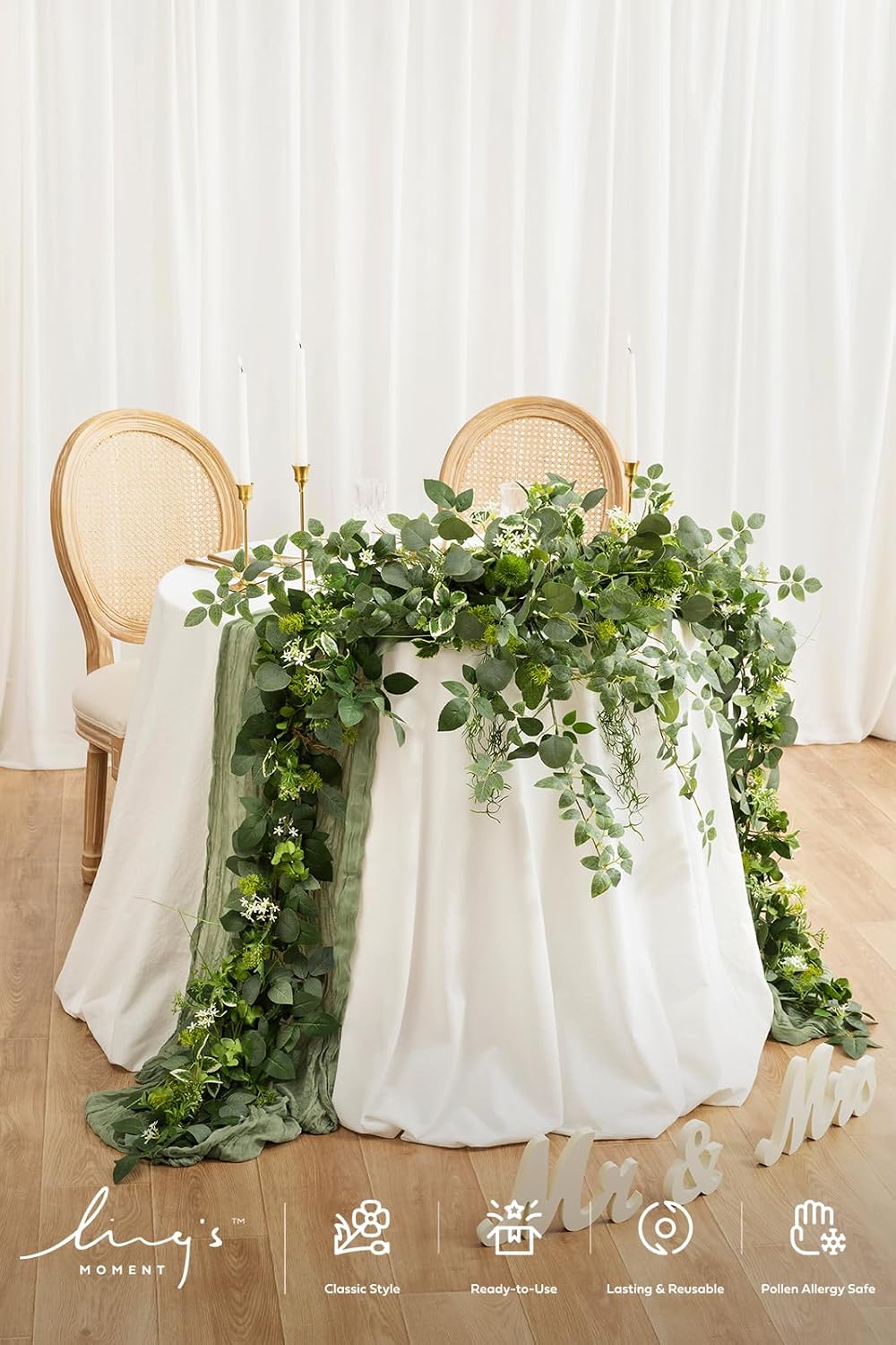 Ling's Moment 9FT Flower Garland for Backdrop Decorations - Wedding Arch Flowers, Eucalyptus & Rose, Artificial Floral Garland for Mantle - Sweetheart Table Decor for Beach Reception, Green