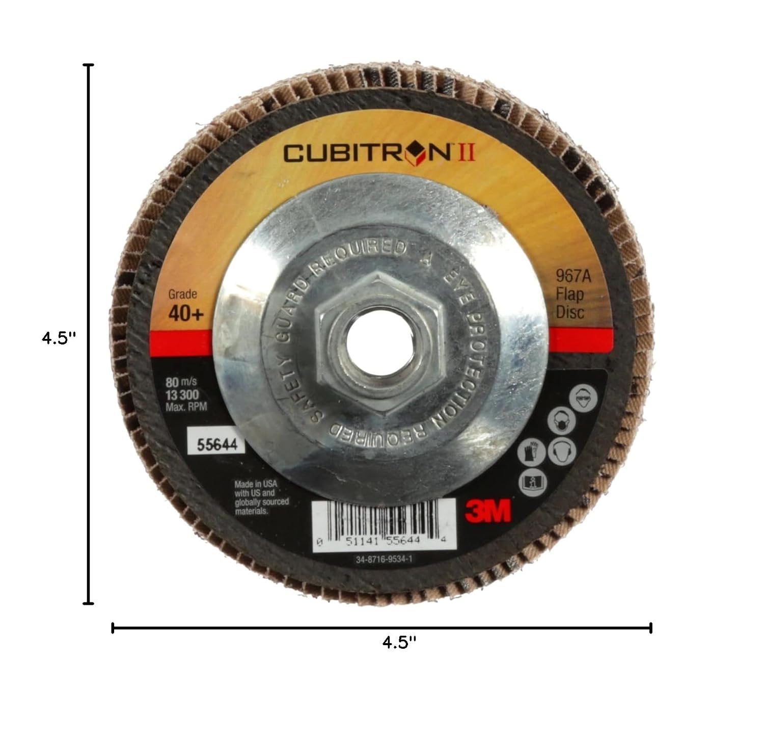 3M Cubitron II Flap Disc 967A, 40+, T29 Quick Change, 4-1/2 in x 5/8'-11, Giant, Pack of 10, Medium Pressure Applications, Light Deburring, Scale Removal, Oxide Removal, Surface Prep