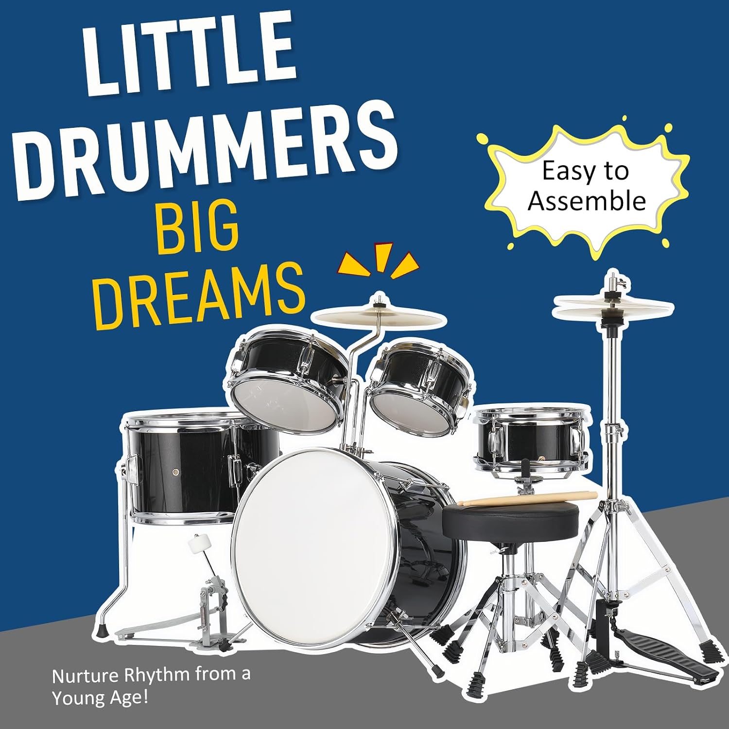 Ktaxon 5-Piece Complete Junior Drums Set, 14 Inch Beginners Drum Kit with Throne Stool, Pedal & Drumsticks, Drums Musical Instruments W/Cymbal, Hi-Hat, Floor, Tom and Snare Drum (Black)