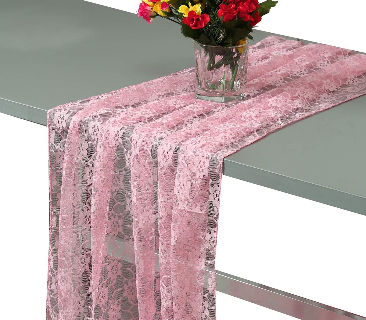 MDS Pack of 15 Wedding 27 x 120 inches Long Sheer lace Table Runner for Wedding Banquets Decorations Birthday Parties, Engagements, Rustic Boho for 10Ft Table Runners - Blush Pink