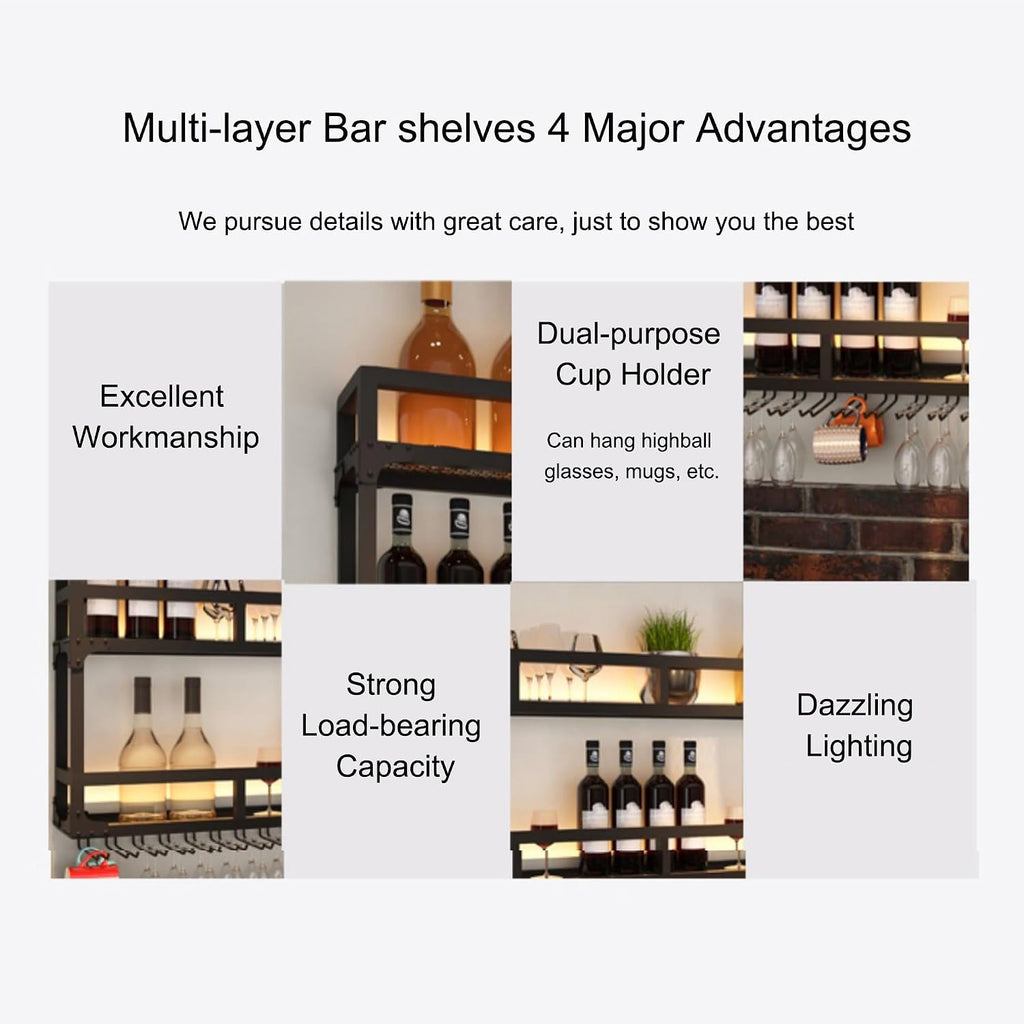 Metal Wall Wine Rack Bar Shelves Liquor Shelf Wall Mounted with LED Light Hanging Wine Glass Holder Rack for Liquor Bottles Floating Bar Cabinet Liquor Bottle Display Shelf for Home Bar Kitchen(Black,