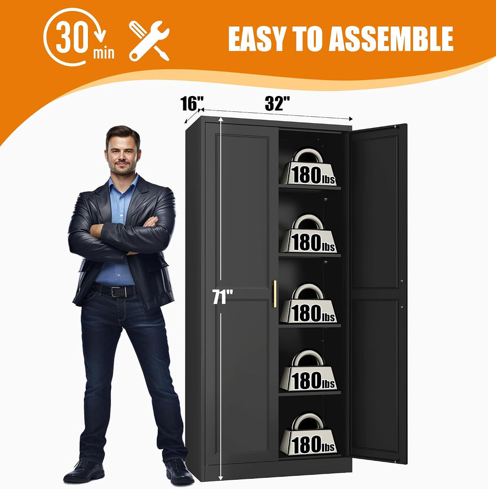 71' Tall Kitchen Storage Cabinet with Gold Handles, Metal Pantry Cabinets with 2 Doors, Food Pantry, Adjustable Shelves, Black Freestanding Pantry Cupboard for Dining, Kitchen, Living Room