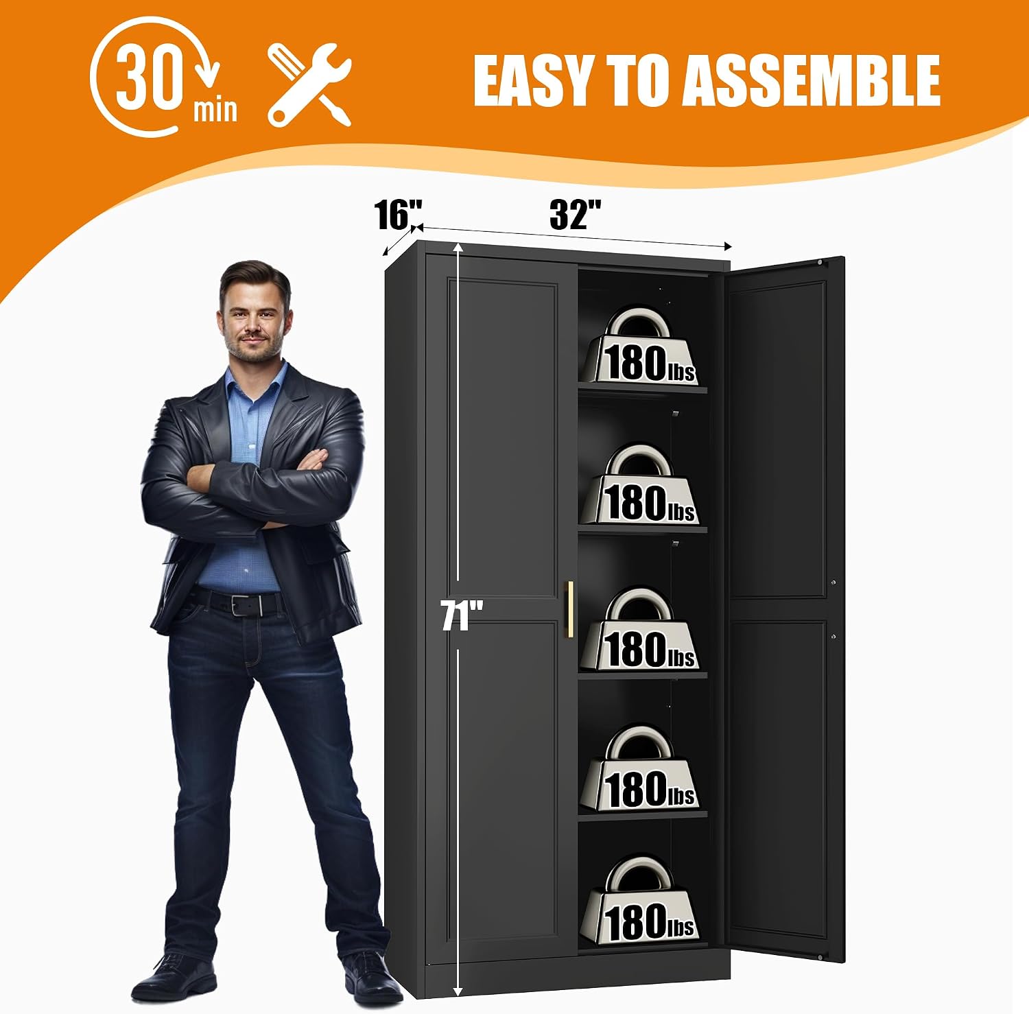 71' Tall Kitchen Storage Cabinet with Gold Handles, Metal Pantry Cabinets with 2 Doors, Food Pantry, Adjustable Shelves, Black Freestanding Pantry Cupboard for Dining, Kitchen, Living Room