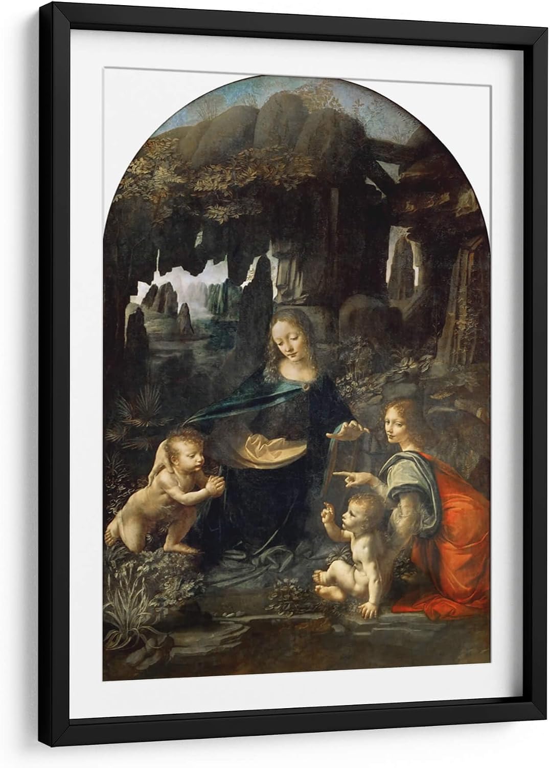 Canvas Lab | Virgin of the Rocks (Paris Version) by Leonardo da Vinci | 19 x 29 in | Fine Art Framed Print, Frame Color: Black, With Mat | Classical art, Religion and Spirituality, Renaissance