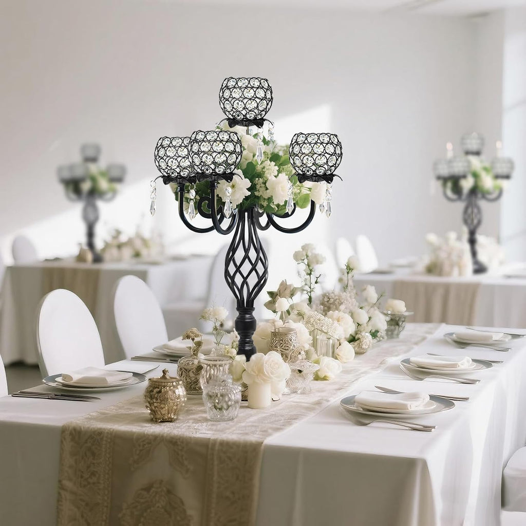 5-Arm Crystal Candelabra Centerpiece 23.2' Tall - Elegant Candle Holder Stand with Crystal Bowl, Chic Table Decor for Weddings, Parties, Anniversary & Home Decoration (4, Black)