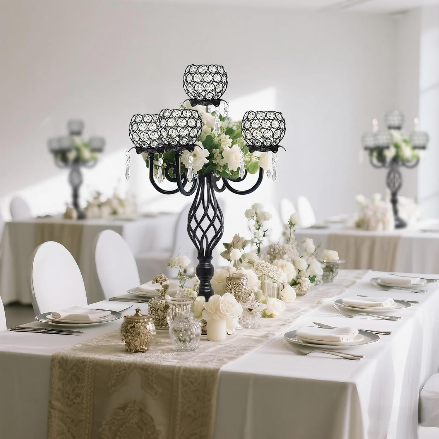 5-Arm Crystal Candelabra Centerpiece 23.2' Tall - Elegant Candle Holder Stand with Crystal Bowl, Chic Table Decor for Weddings, Parties, Anniversary & Home Decoration (4, Black)