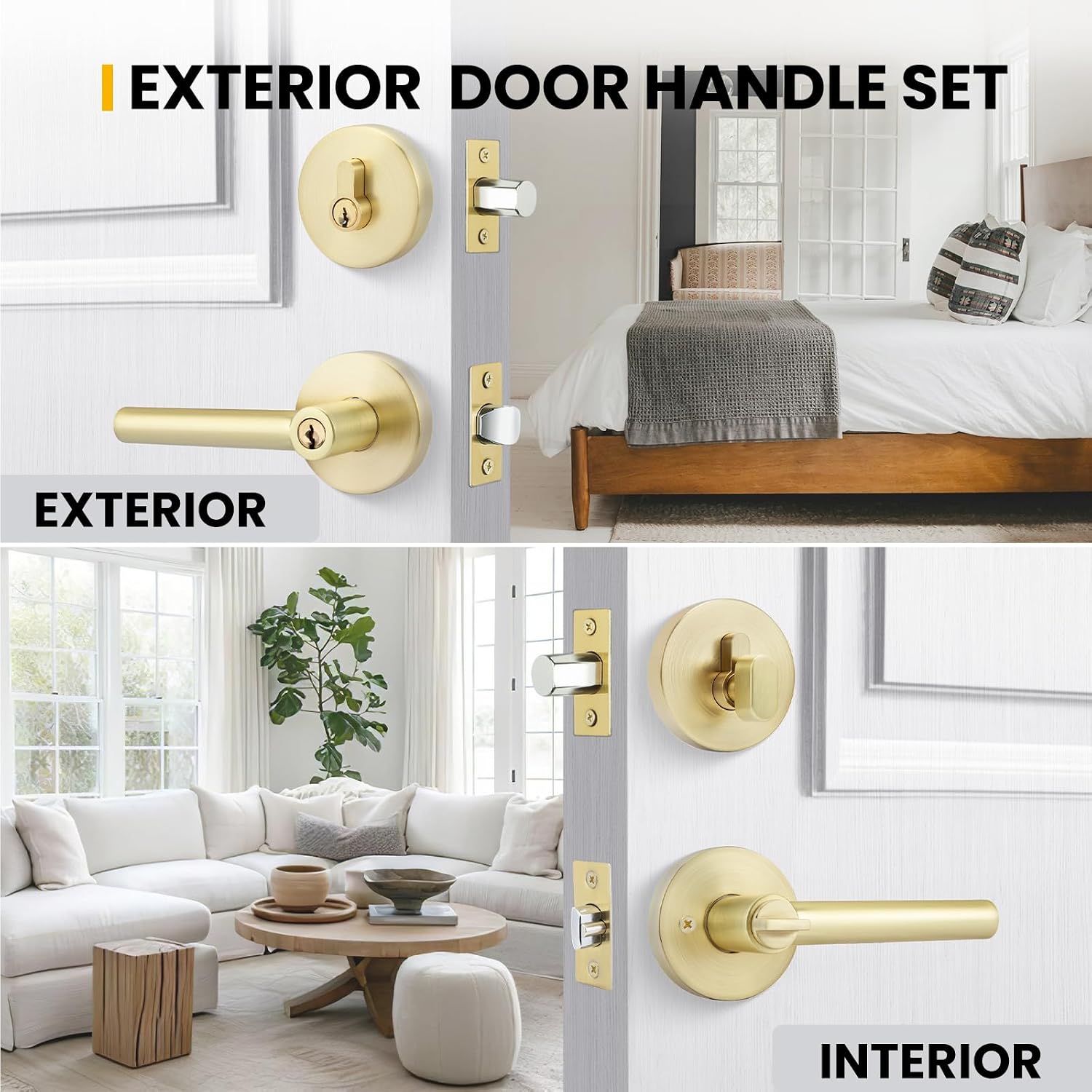 Goldenwarm Exterior Deadbolt and Keyed Entry Door Handle Set, Heavy Duty Zinc Alloy Gold Door Lever, Key Entry Front Brushed Gold Door Handle with Lock and Key(3 Pack)