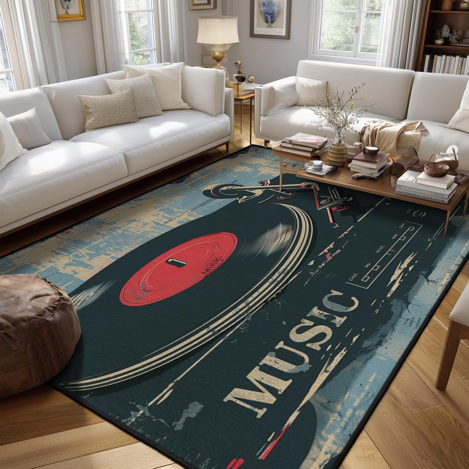 Music Record Vintage Area Rug for Bedroom Living Room Study Playing,Non-Slip Floor Mat Carpet Home Decor Rugs, 9'x12'