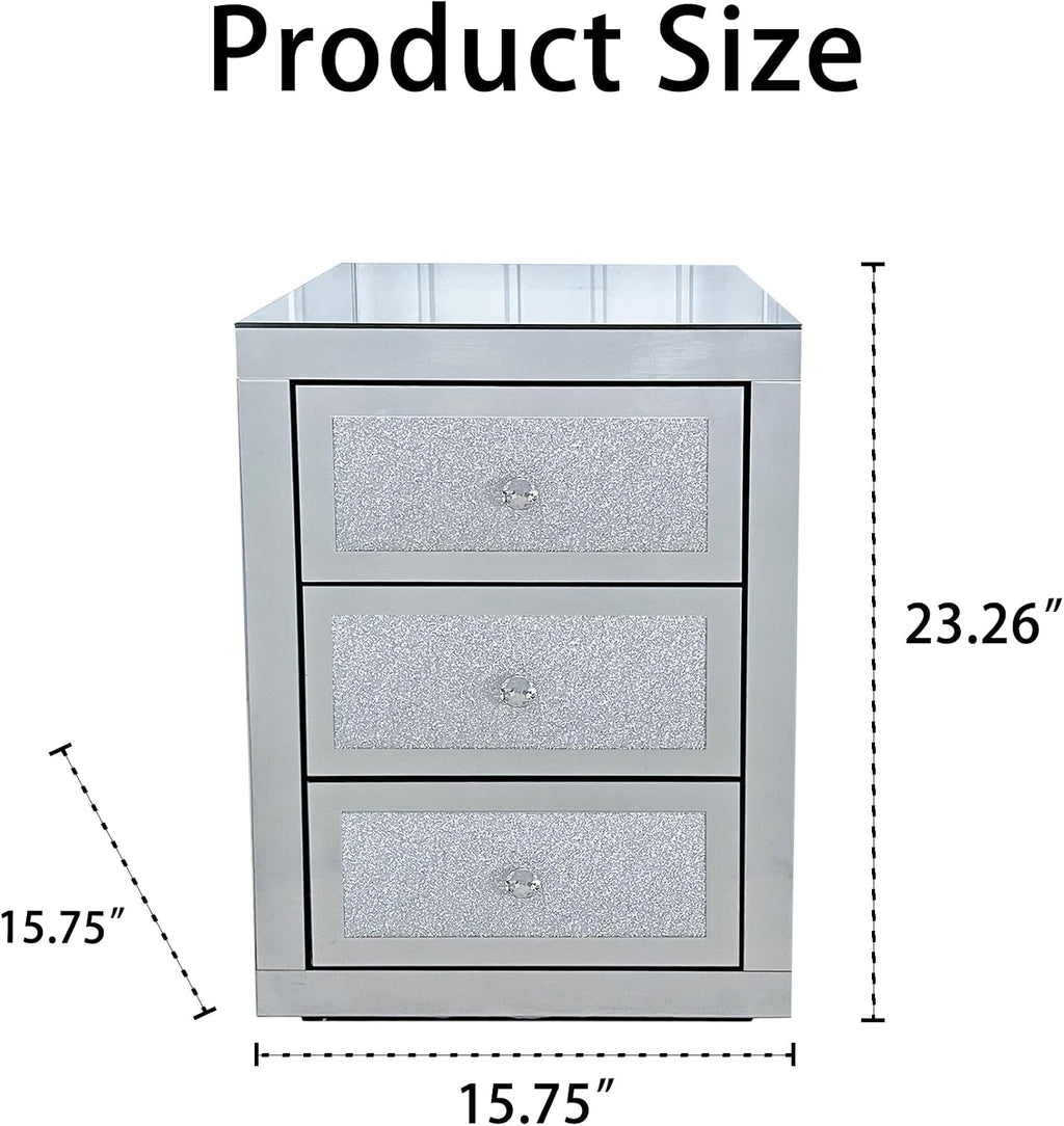 3-Drawer Mirrored Nightstand Bedside Table, Modern Mirrored End Side Table for Living Room, Bedroom, Entryway
