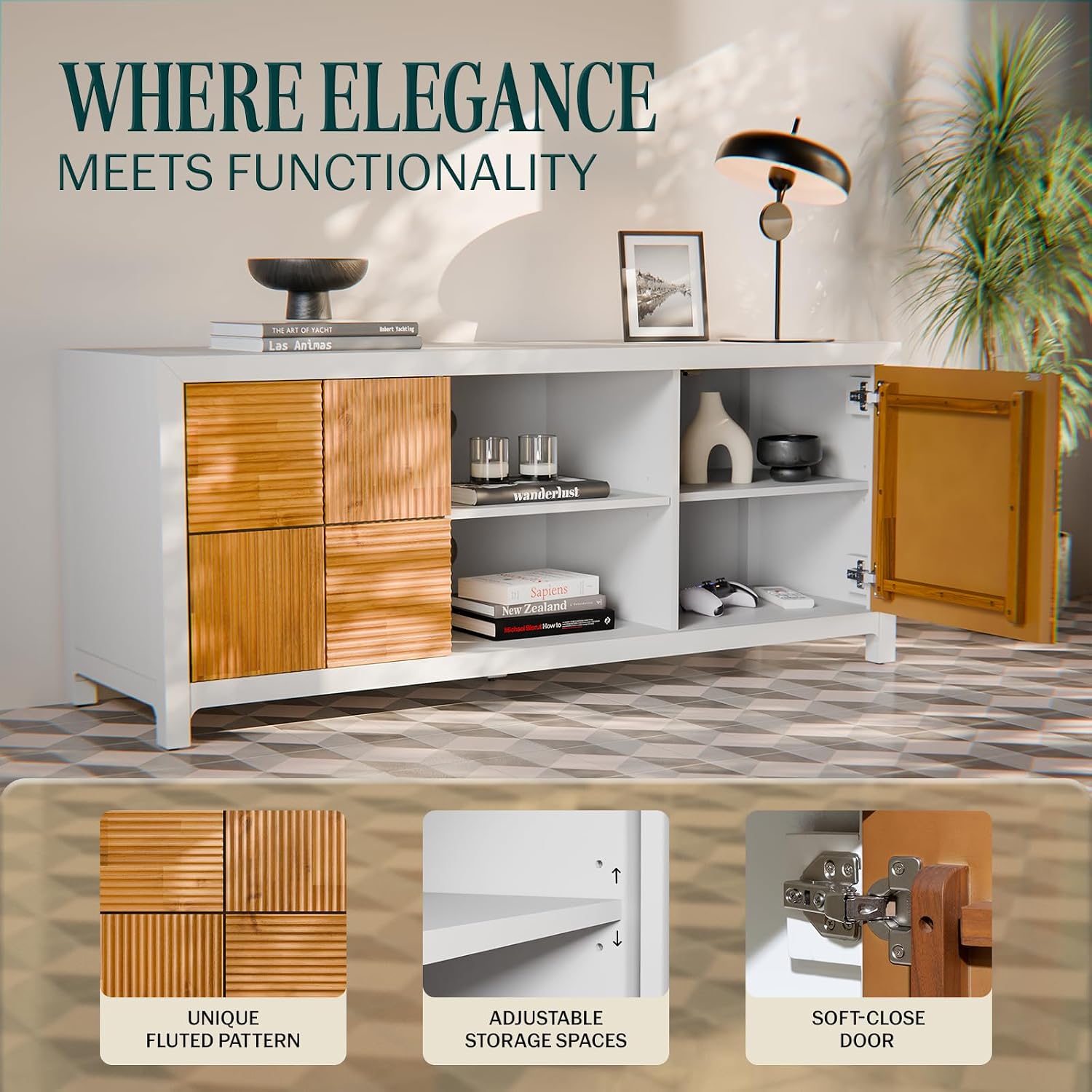 Bme Madia Deluxe TV Stand, Fully Asssembled Entertainment Center for up to 58 inch TV, Unique Pattern TV Console for Living Room, Bedroom, Dinning Room