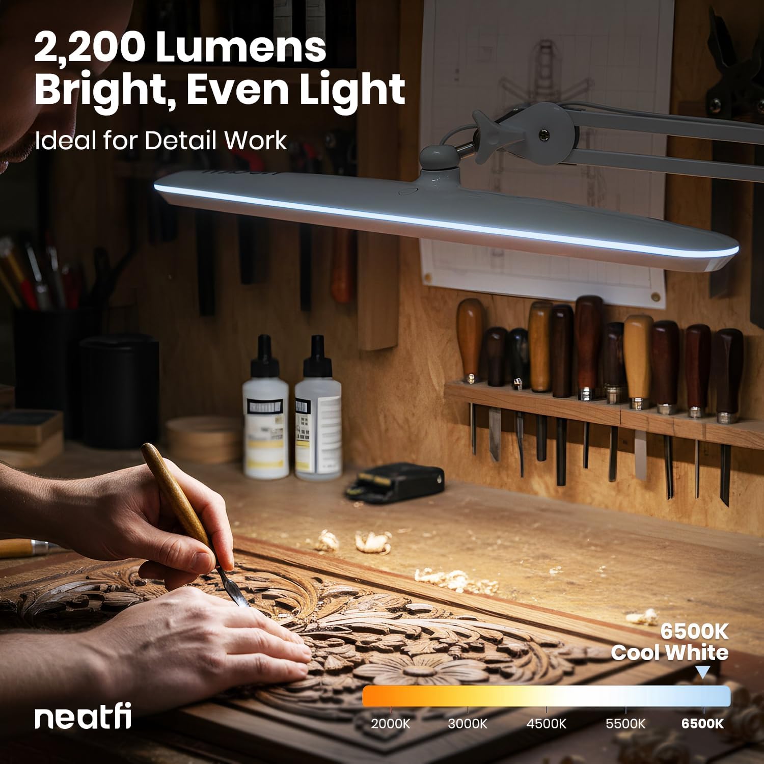 Neatfi XL 24W LED Desk Lamp – 2,200 Lumens | 23' Wide Shade | Dimmable Eye-Caring Task Light | Adjustable Arm | Office, Study, Crafting & Nail Techs (White, Non-CCT with Base)
