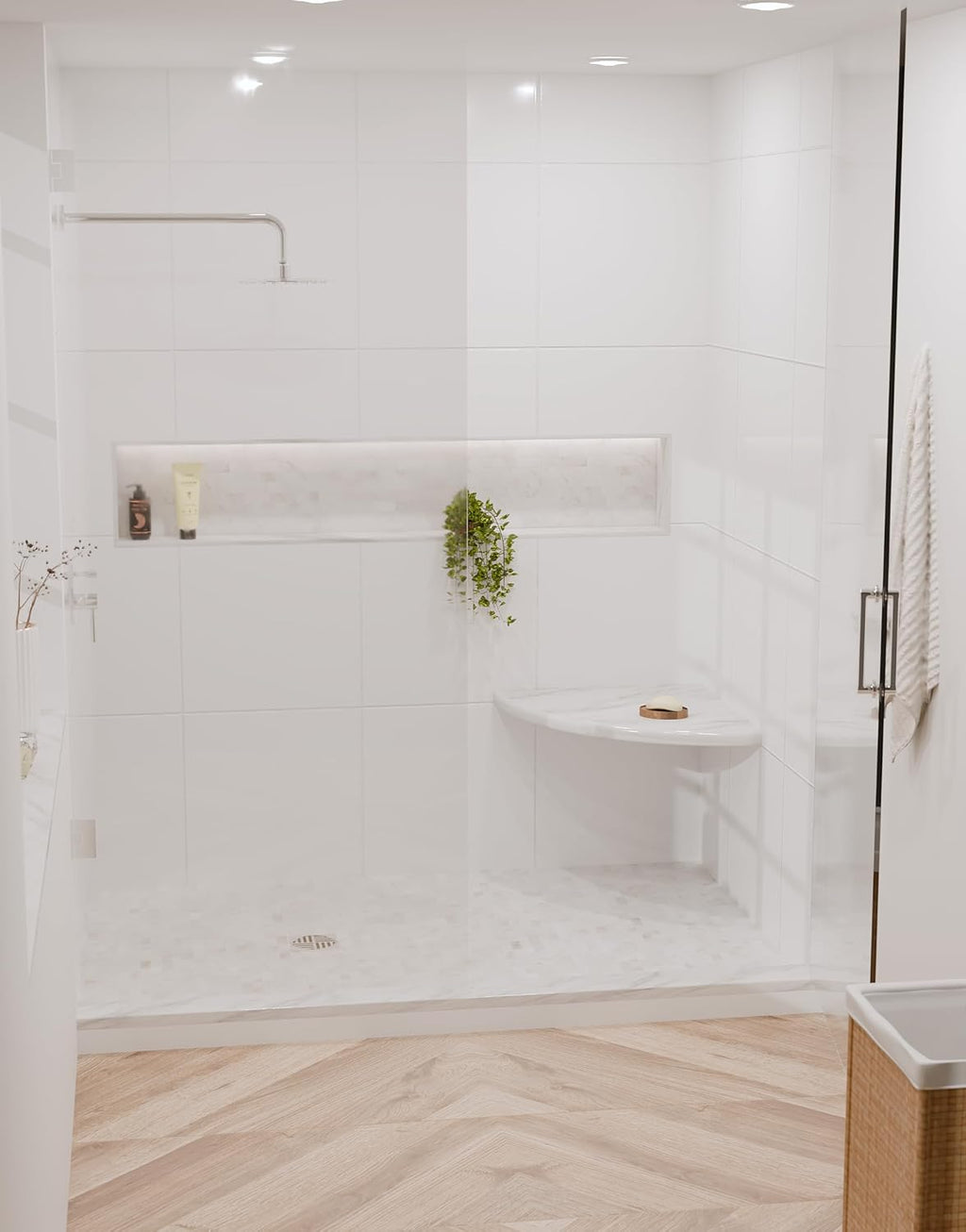 18 Inch Italian White Carrara Marble Corner Shower Seat Bathroom Caddy, Wall Mounted Shower Shelf, Classic Flatback Design