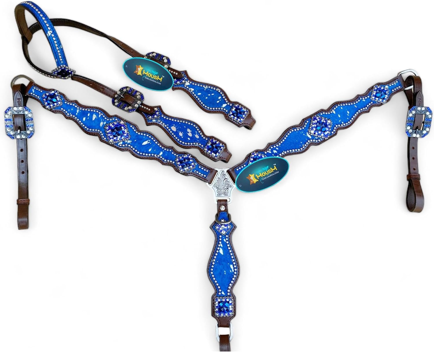 Western Leather Headstall & Breast Collar Set for Horses - Valentine's Day Silver Metallic Cowhide with Rhinestones