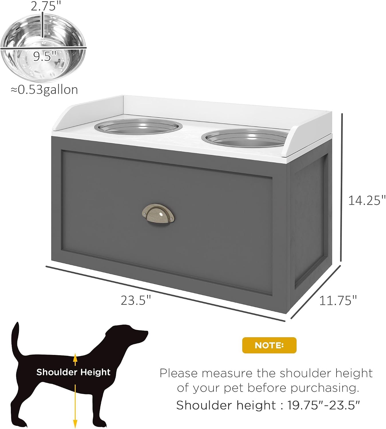 Premium Heavy Duty Elevated Dog Bowl Station with 21 Liters Capacity 2 Stainless Steel Bowls Storage Compartment Anti-Slip Gray