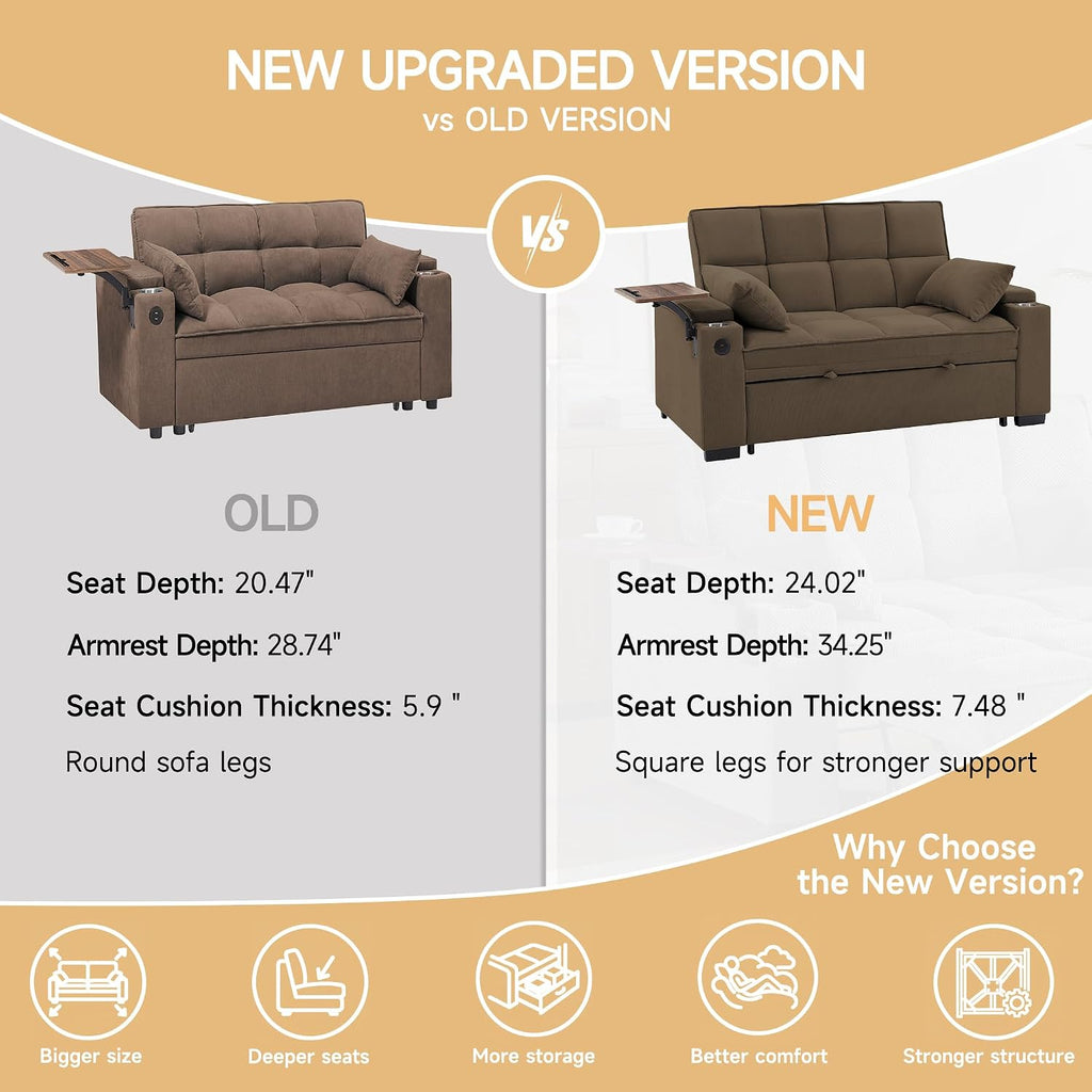 Auvsoce 65'' Chaise Lounge Chair Indoor, 3-in-1 Convertible Sofa Bed with Pull Out Design, 360° Swivel Side Table, Modern Chenille Couch Bed for Living Room