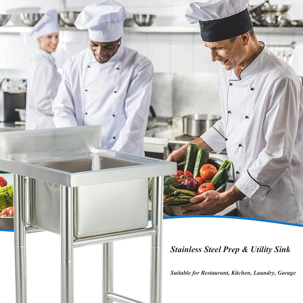 Single Bowl Sink 1 Compartment 304 Stainless Steel Commercial Kitchen Prep Utility Sink Free Standing Sink for Garage, Restaurant, Laundry Room, Indoor Outdoor