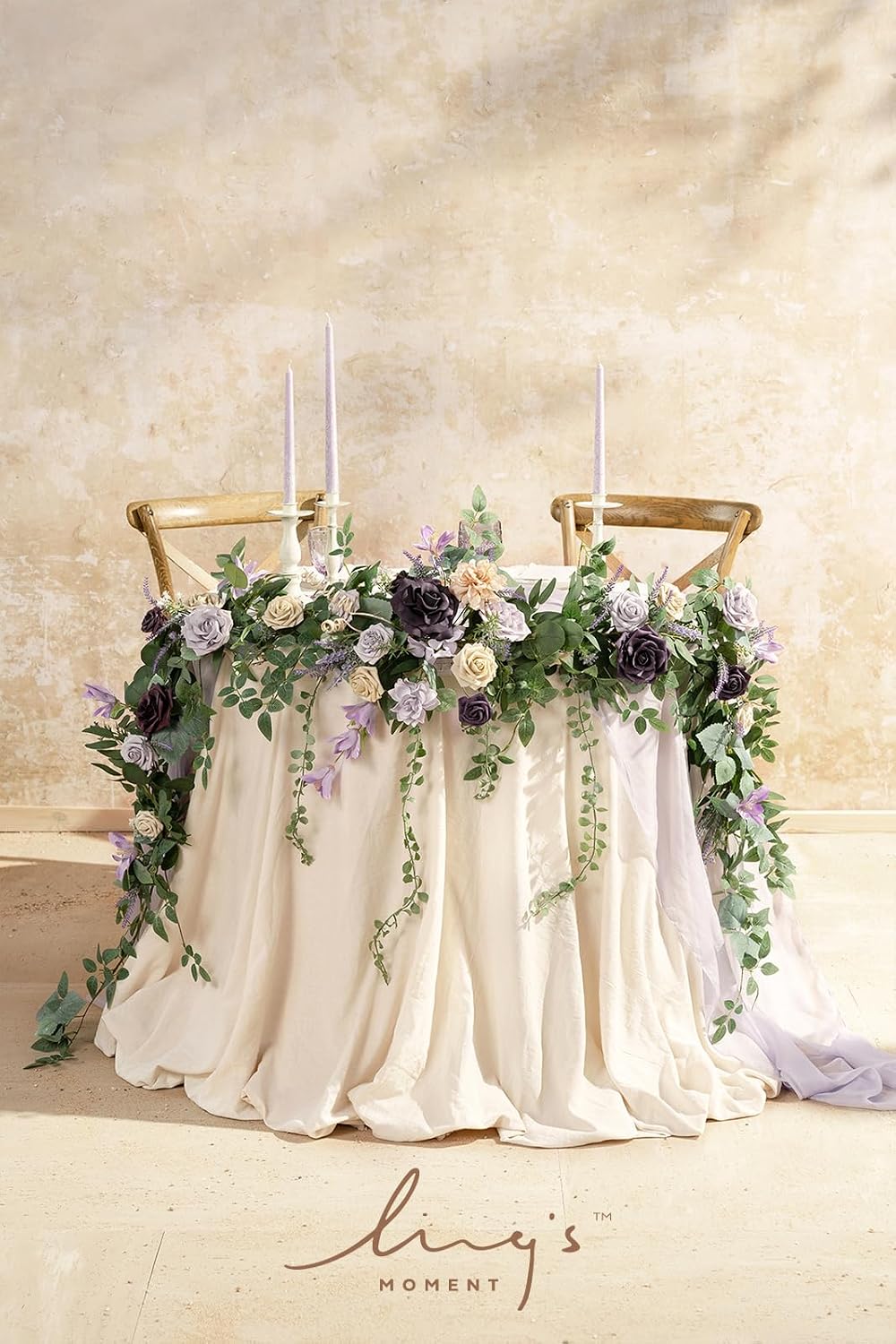 Ling's moment 9FT Eucalyptus and Willow Leaf Garland with White Flower, Handcrafted Wedding Sweetheart Table Centerpieces Head Table Decor Arch Backdrop Decorations for Wedding | Lavender Purple