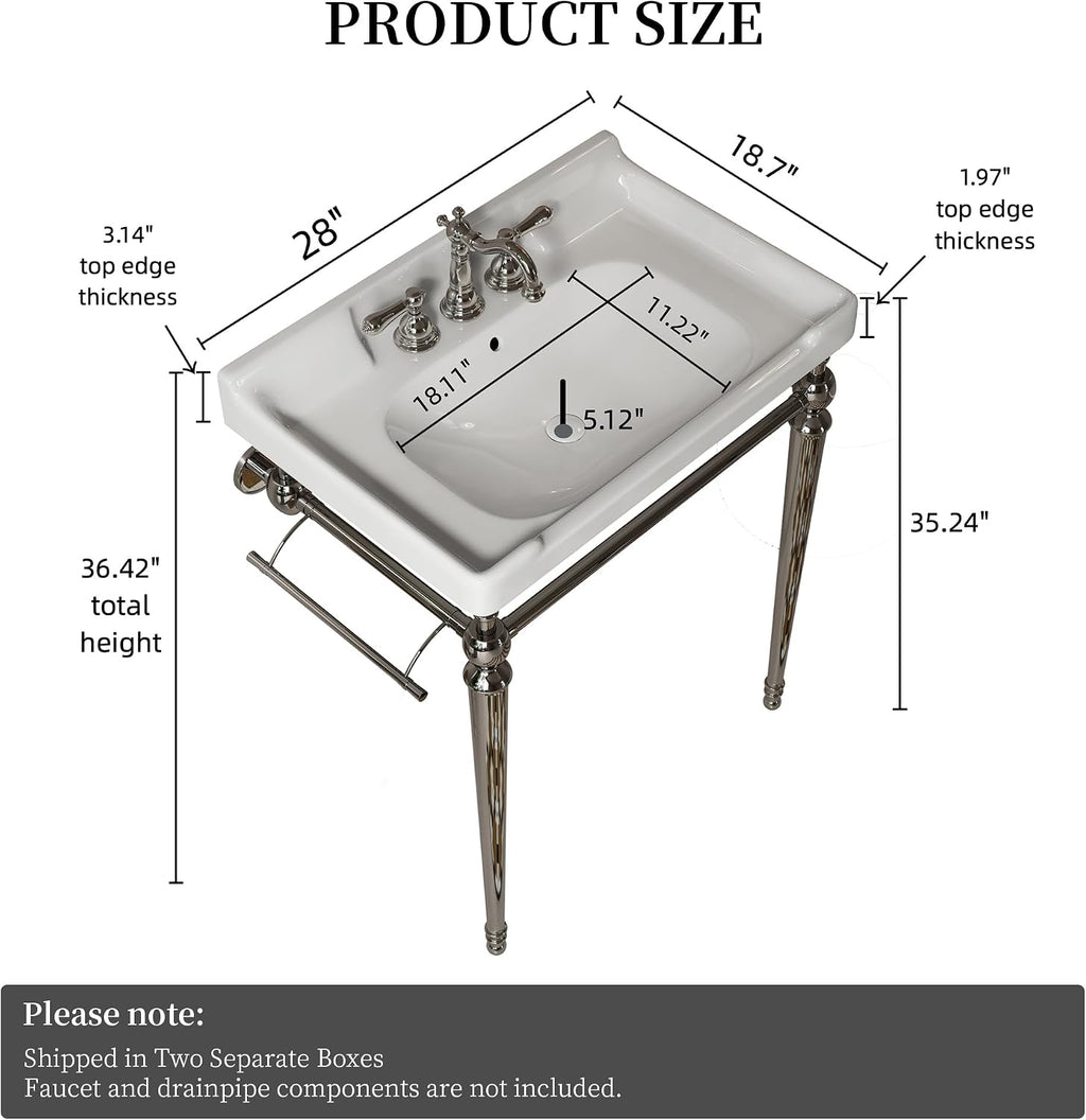 Yayzy 28' Console Bathroom Vanity with White Ceramic Sink, Silver Stainless Steel Legs & Towel Bar, 3 Faucet Holes, No Faucet, Wall-Mounted Support