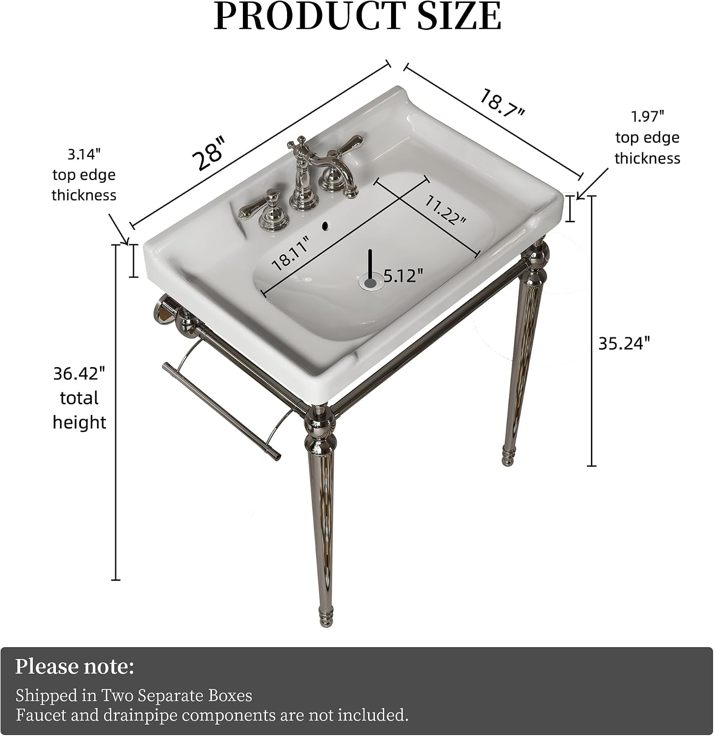 Yayzy 28' Console Bathroom Vanity with White Ceramic Sink, Silver Stainless Steel Legs & Towel Bar, 3 Faucet Holes, No Faucet, Wall-Mounted Support