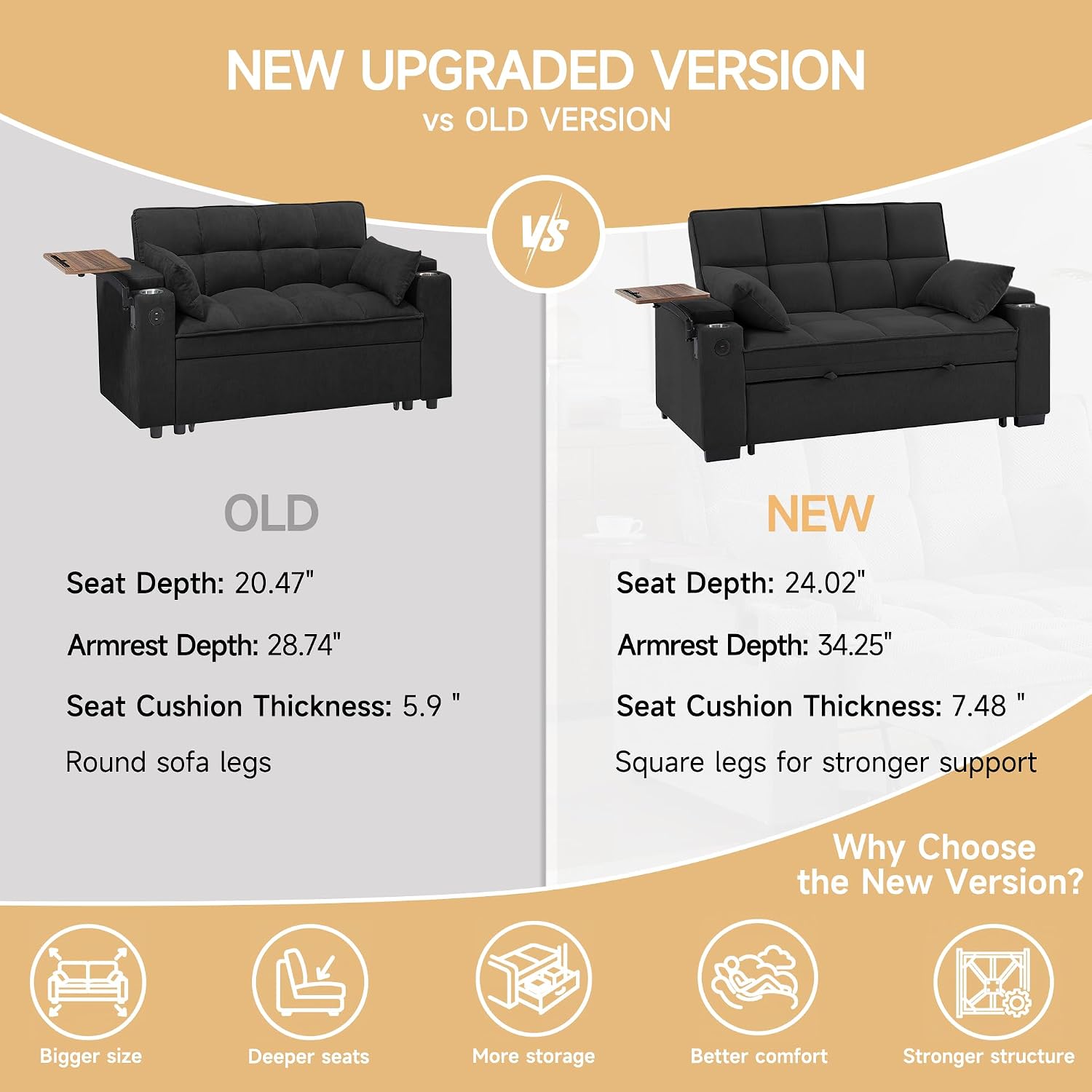 Auvsoce 65'' Chaise Lounge Chair Indoor, 3-in-1 Convertible Sofa Bed with Pull Out Design, 360° Swivel Side Table, Modern Chenille Couch Bed for Living Room