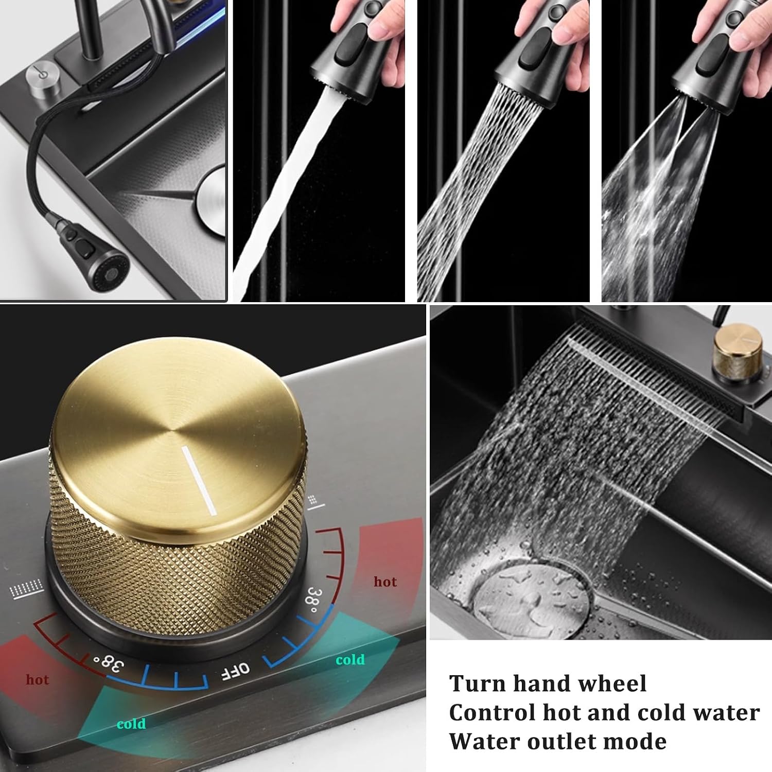 Single Bowl Sink,Stainless Steel Sink,Waterfall Faucet Black Sink with Knife Holder for Restaurant Home Bar Hotel (One Color-68x46x22cm