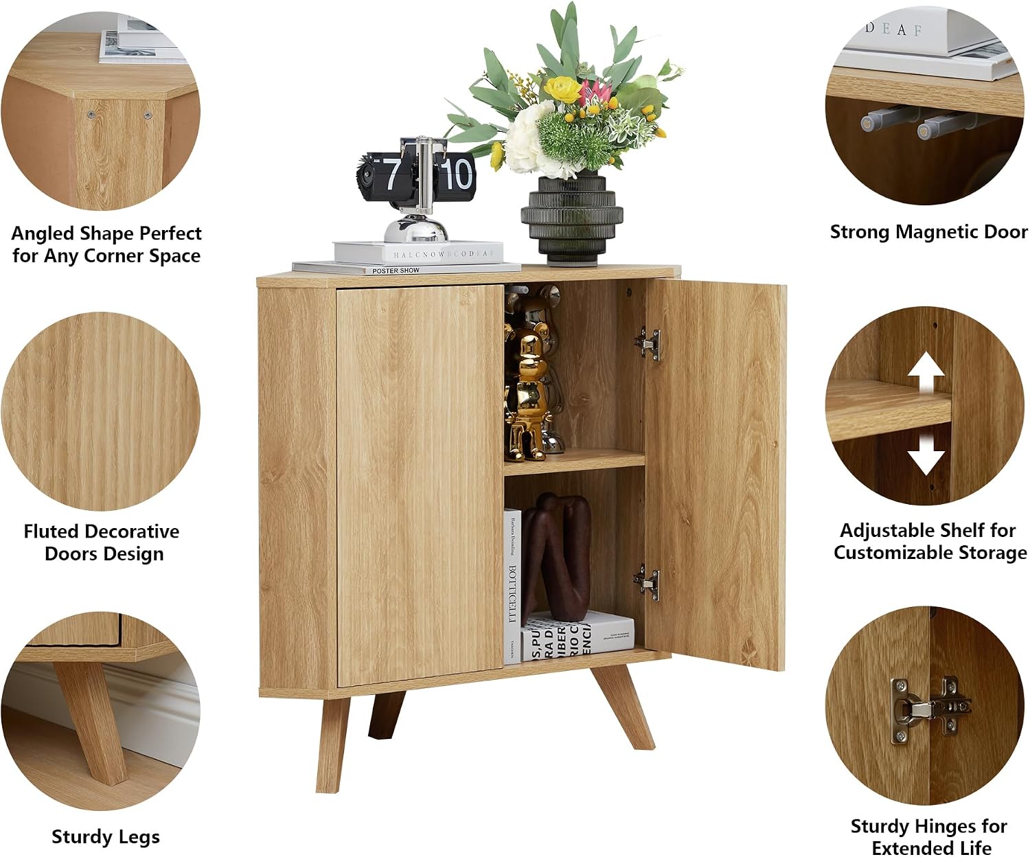 XUZENEST Fluted Floor Corner Cabinet, Small Corner Floor Cabinet with Adjustable Shelve, Freestanding Narrow Cabinets Organizer for Living Room Kitchen Bathroom, Natural