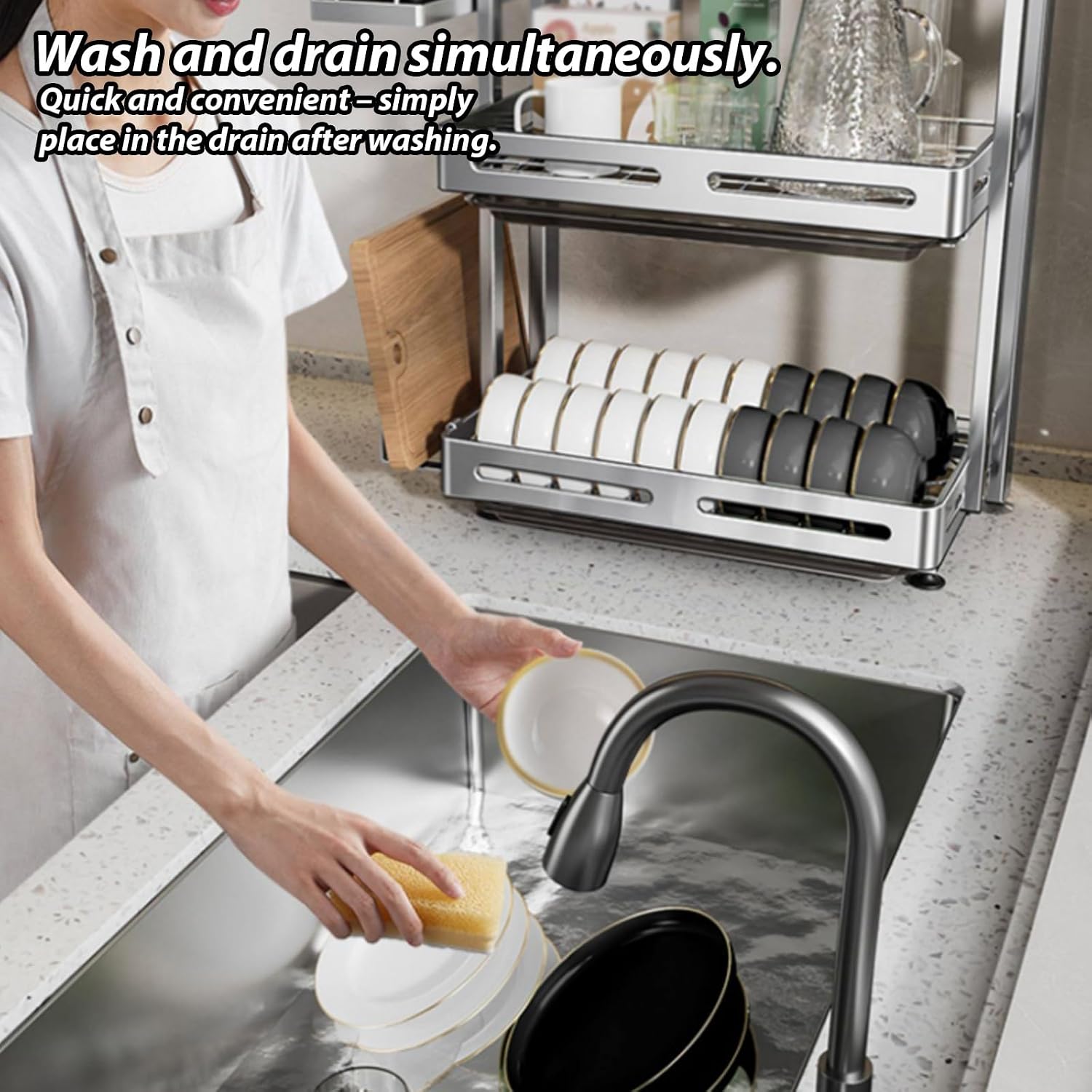Large Capacity 304 Stainless Steel Kitchen Storage Rack,Drainer for Dishes,Dish Drying,Foldable countertop Holder for Chopsticks,Bowls,and Plates, Multi-Functional(White Triple-Lay
