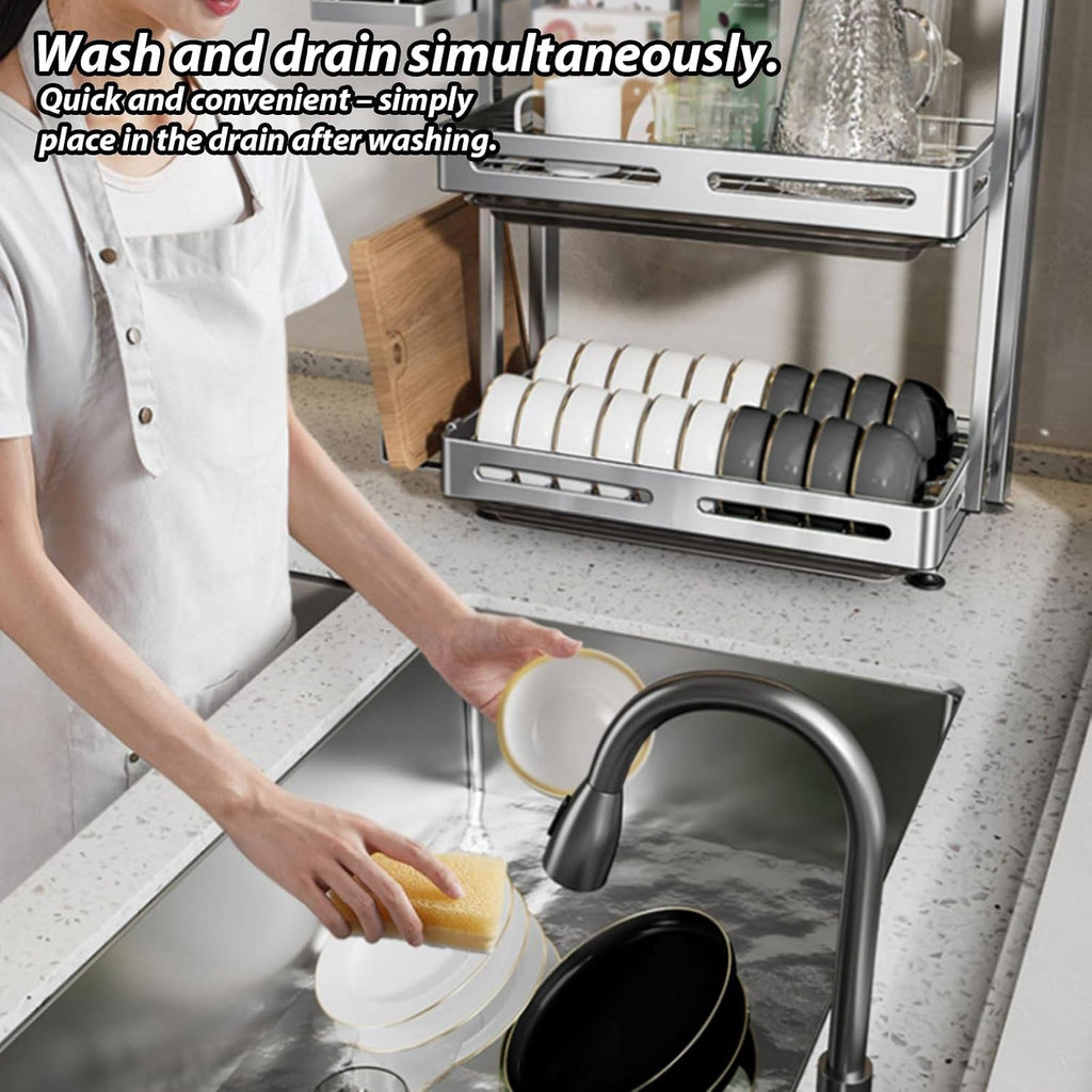 Large capacity 304 stainless steel kitchen storage rack,drainer for dishes,dish drying,foldable countertop holder for chopsticks,bowls,and plates, multi-functional(White triple-layer,43cm/17in)