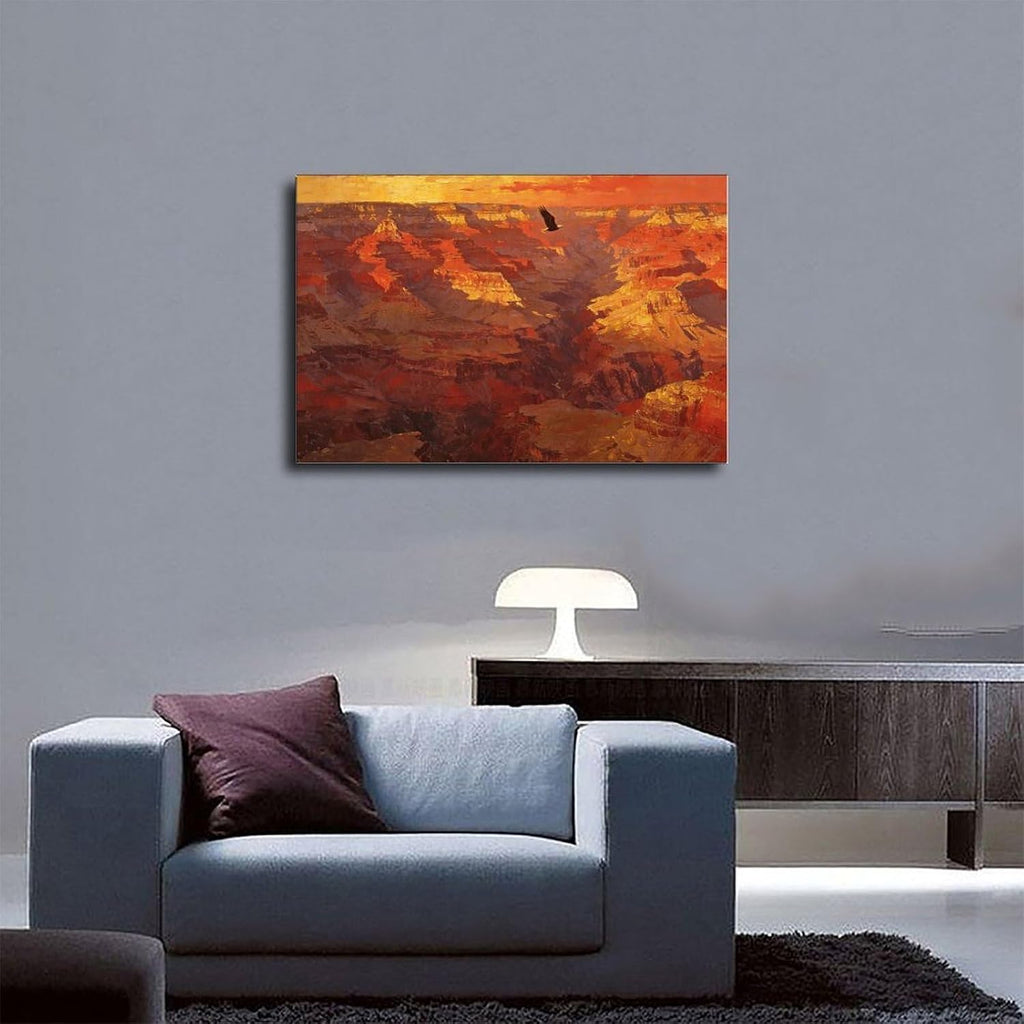 Canyon Sunset Landscape Wall Art Print, Dramatic Red Rock Vista with Soaring Eagle Painting Poster for Home Office Decor 24x36inch(60x90cm)