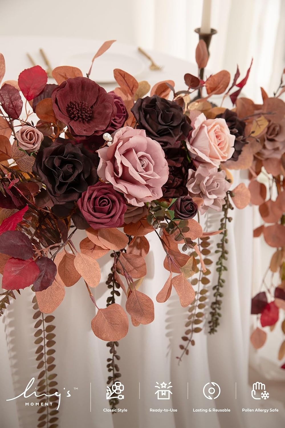 Ling's moment 9FT Eucalyptus and Willow Leaf Garland with White Flower, Handcrafted Wedding Sweetheart Table Centerpieces Head Table Decor Arch Backdrop Decorations for Wedding | Burgundy & Dusty rose