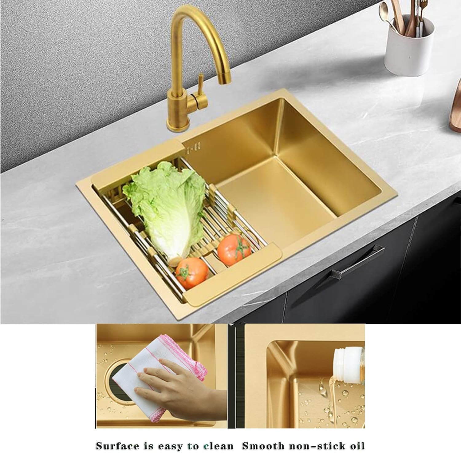 Gold 304 Stainless Steel Kitchen Sink,Single Bowl Sink with Gold Drainer Suitable for Bathroom,Bar,Restaurant (Gold-45x40x21cm