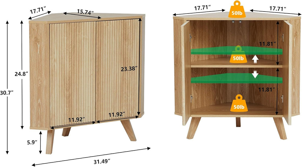 XUZENEST Fluted Floor Corner Cabinet, Small Corner Floor Cabinet with Adjustable Shelve, Freestanding Narrow Cabinets Organizer for Living Room Kitchen Bathroom, Natural