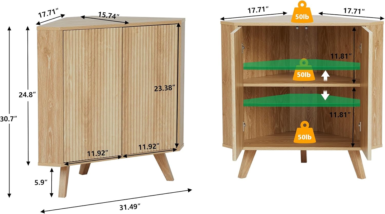 XUZENEST Fluted Floor Corner Cabinet, Small Corner Floor Cabinet with Adjustable Shelve, Freestanding Narrow Cabinets Organizer for Living Room Kitchen Bathroom, Natural