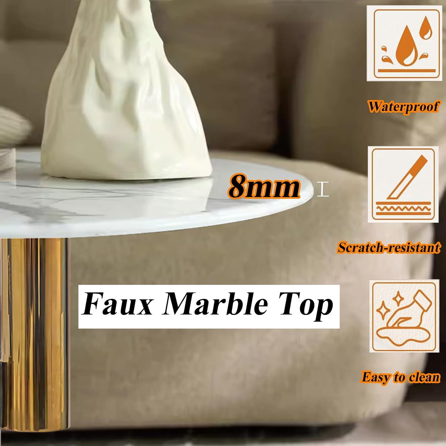 White Gold Round Side Table, 19.7' Faux Marble Sofa End Table, Modern Nightstand, Small Accent Table with Stainless Steel Ball/Cylindrical Frame, for Living Bedroom Office (Gold, 50cm/19.7')