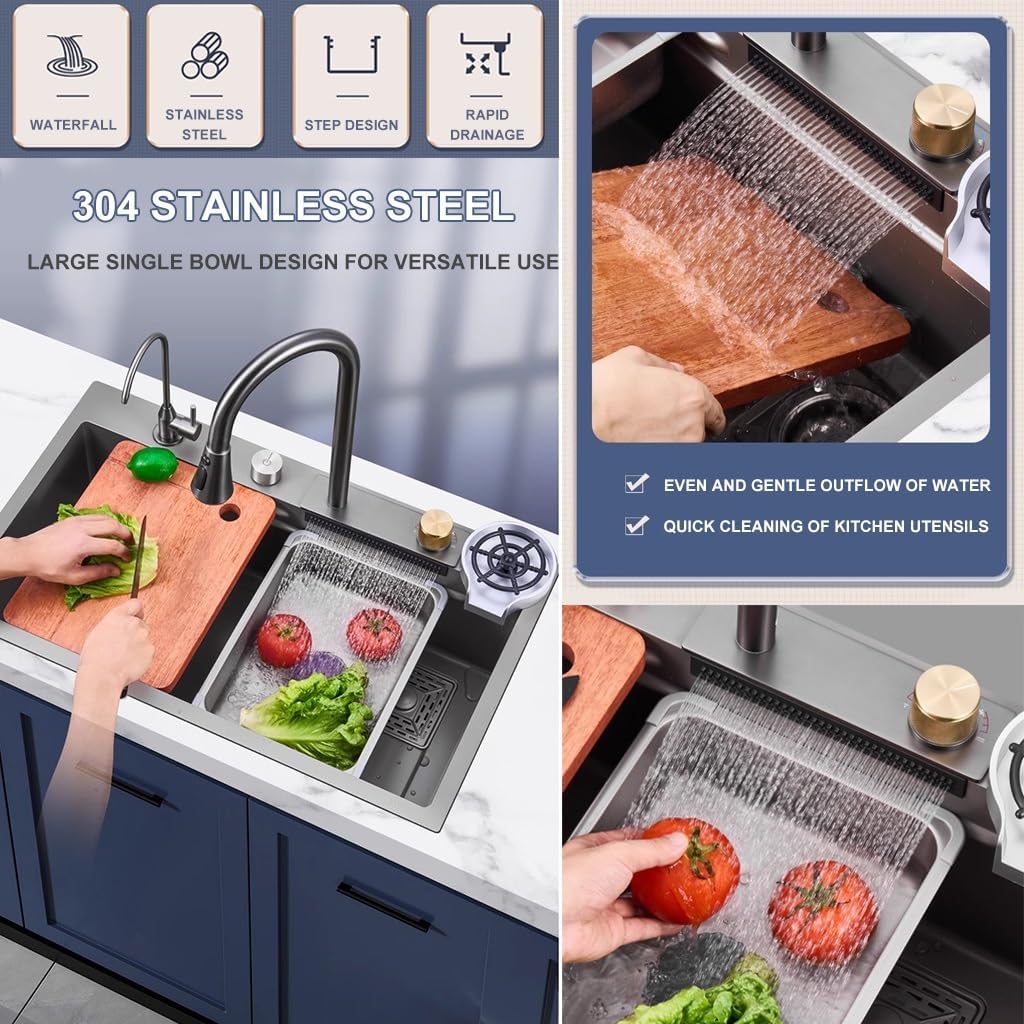 Stainless Steel Waterfall Sink Multi-functional Single Bowl Bar Sink with Pull-Out Faucet Kitchen Sink with Cup Washer Nano-Coated Workstation Sink (Color : A, Size : 75x45x22cm) (A 68x45x22cm)
