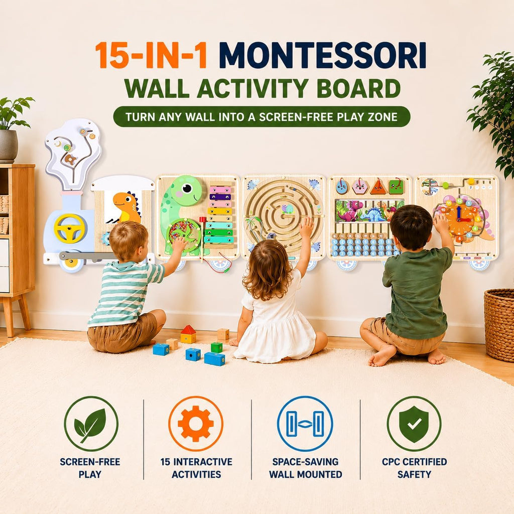 Montessori Wall Activity Busy Board for Toddlers 1-5, Wooden Sensory Wall Panel & Busy Board Wall Toys, Space-Saving Activity Wall for Independent Play, Playroom, Daycare & Classroom