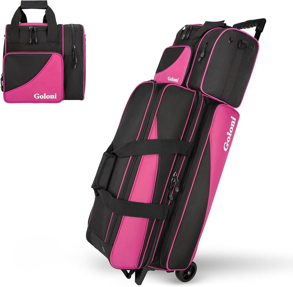 Goloni 3 Ball Bowling Bag with Wheels, Rolling Bowling Roller Bag with Retractable Handle for Balls & Bowling Accessories