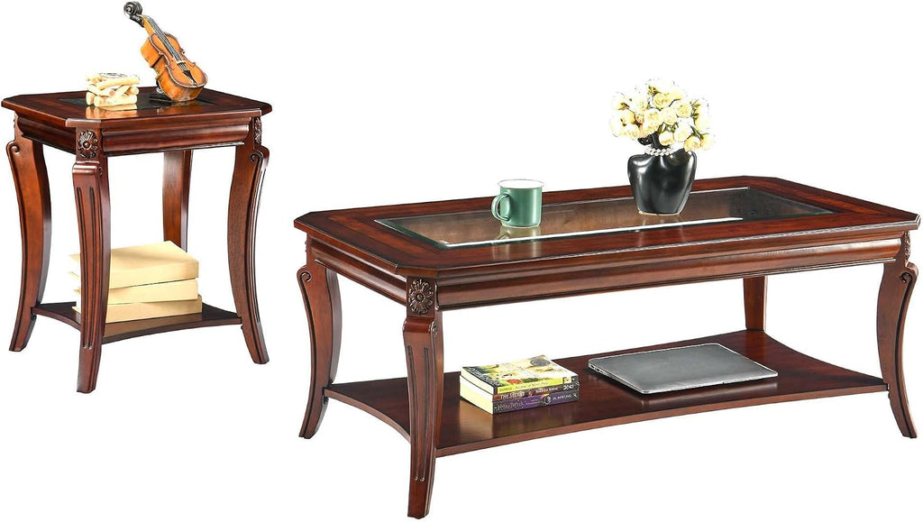 Traditional Rectangle Coffee Table with Tempered Glass for Living Room, Farmhouse Cocktail Table with Storage Shelf, Sofa Center Table for Office, 23.6'D x 47.2'W x 17.9'H,Cherry Brown KFZ-A1168-GT