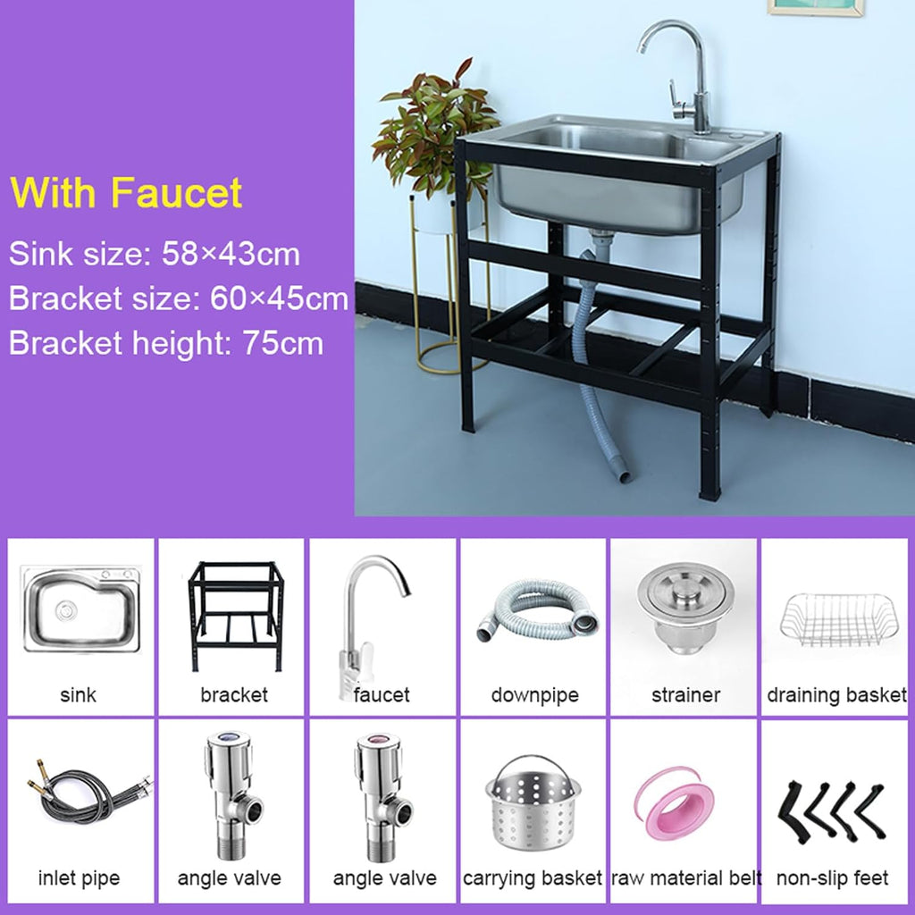 Commercial Sink Freestanding Kitchen Sink Stainless Steel Single Bowl Sink, Black Stand Sink Unit, Large Capacity Utility Sink for Outdoor Indoor Garage Lau(with Faucet-58×43cm