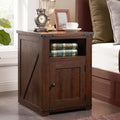 IFGET Nightstand with Charging Station, 20' Farmhouse End Table w/Groove Barn Door, Rustic Wood Sofa Side Bedside Table w/Open & Adjustable Shlef for Bedroom, Living Room, Brown