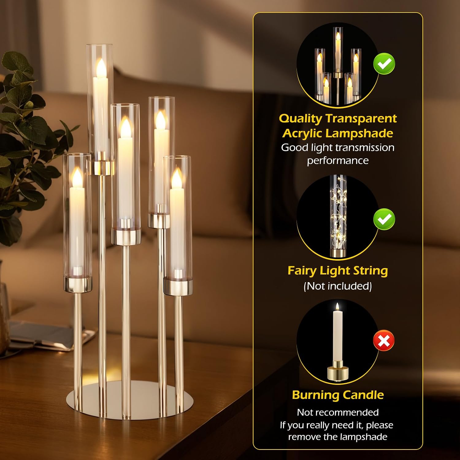 Dyna-Living Gold Candelabra Centerpiece 4 Set 26.8'' Tall Candle Holder Centerpiece for Tables, 5 Arms Candlestick Holders with Acrylic Lampshade, Gold Candelabra Floor Stands for Wedding Party Home