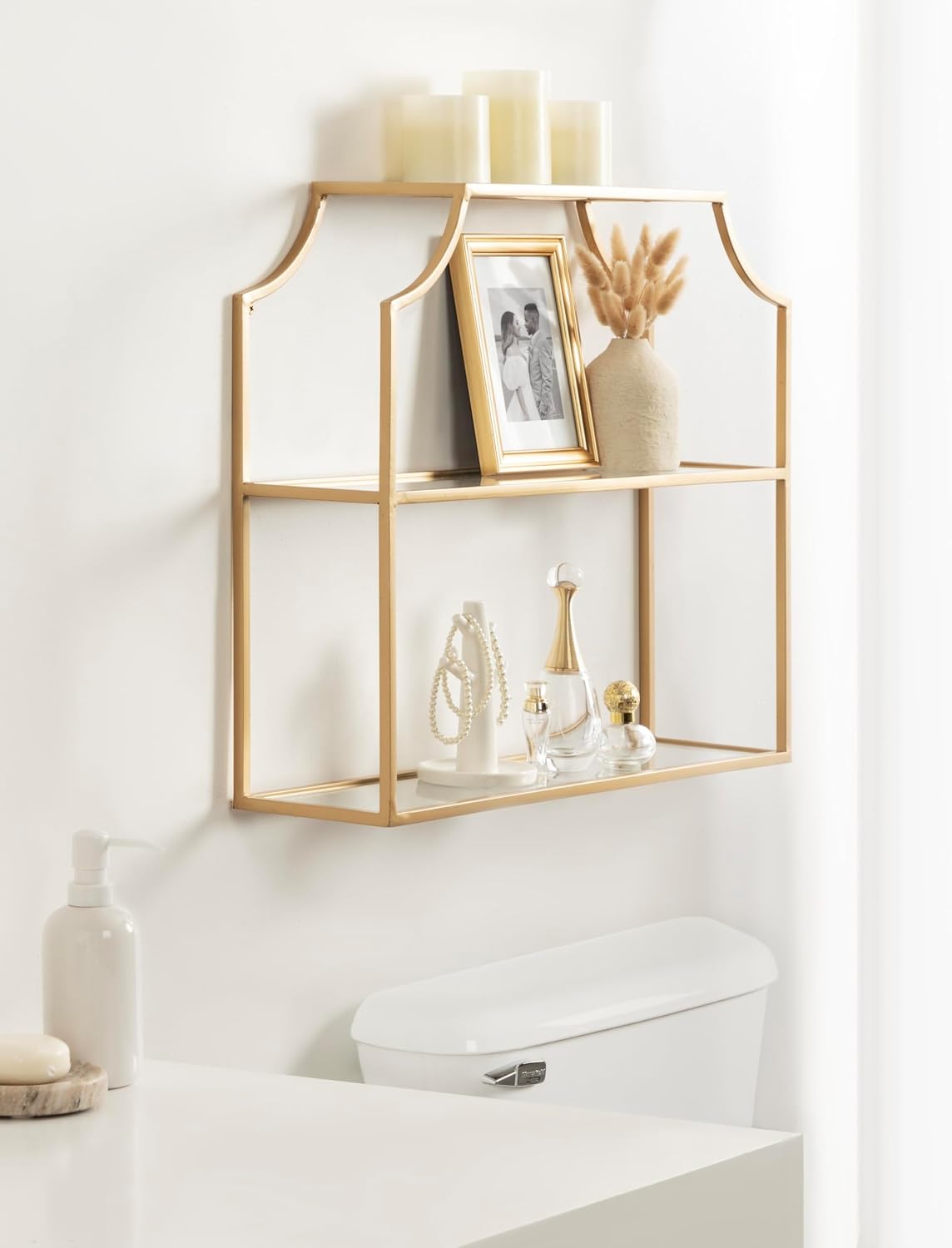 Kate and Laurel Ciel Modern Glam Wide Two-Tier Wall Shelf, 24 x 20, Gold, Tiered Bathroom Shelves for Over the Toilet Storage or Bedroom Makeup Organizer